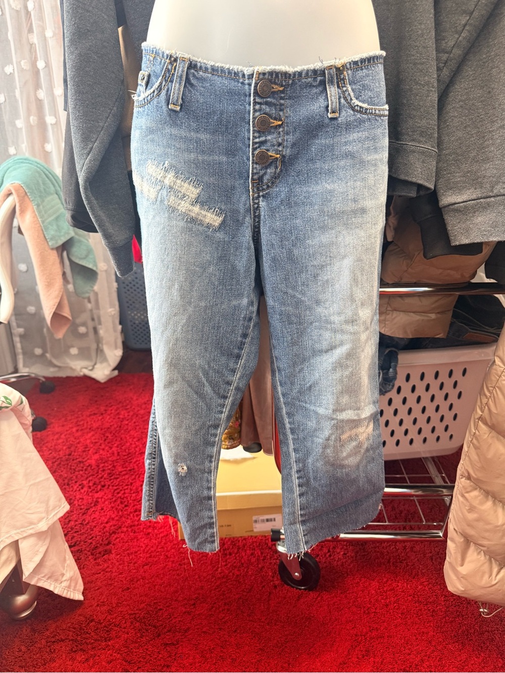 Women's Distressed Light Blue Button-Fly Capris